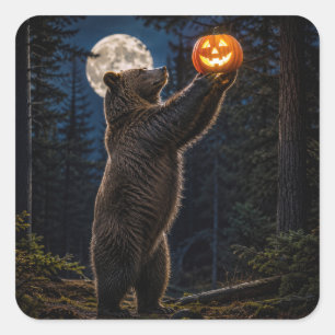 Adesivo Quadrado Urso Pardo de Halloween com Jack-o-Lantern