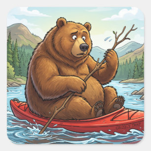 Adesivo Quadrado Urso Pardo Engraçado em Caiaque Cartoon