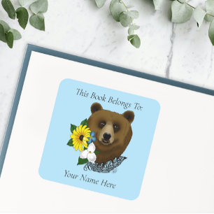 Adesivo Quadrado Urso Pardo Flores Azuis Pena Livro de Ex-libris Vi