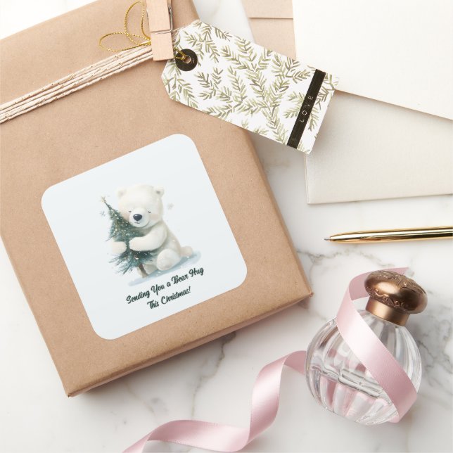 Adesivo Quadrado Urso Polar Adorável Abraçando Árvore De Natal, Bon (Presentear)