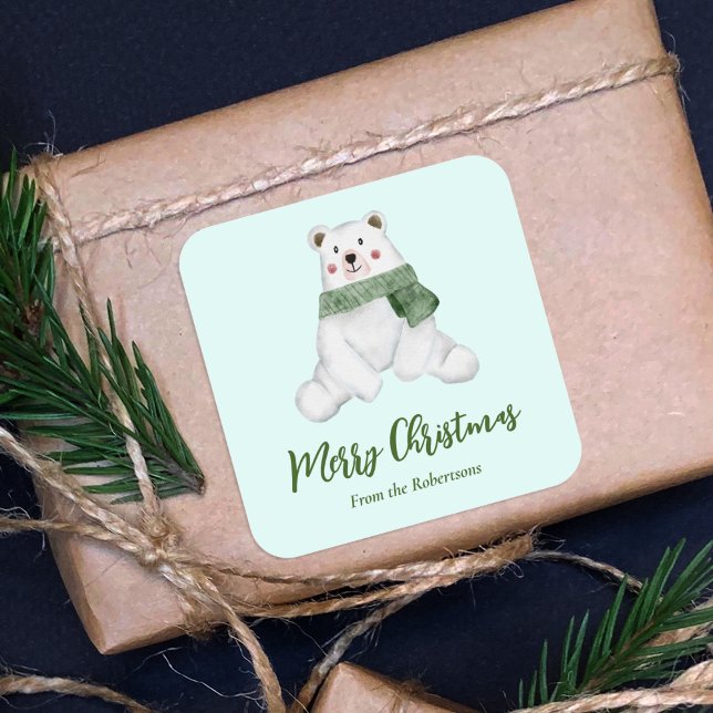 Adesivo Quadrado Urso Polar Bonito com Espinho Verde Feliz Natal (Criador carregado)