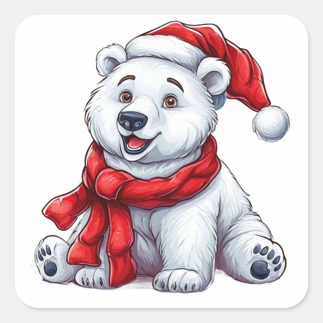 Adesivo Quadrado Urso Polar Bonito em Santa Hat e Scarf (Frente)
