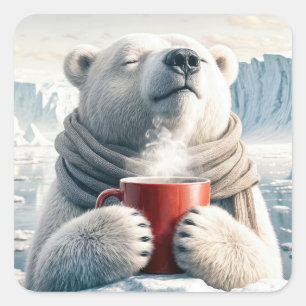 Adesivo Quadrado Urso Polar Com Mug De Café Vermelho
