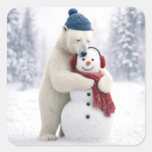 Adesivo Quadrado Urso Polar de Natal Abraçando um Boneco de Neve
