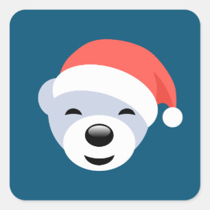 Adesivo Quadrado Urso Polar de Natal em Chapéu Vermelho em Azul