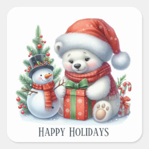 Adesivo Quadrado Urso polar de Natal Festivo