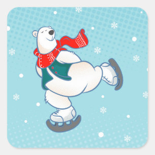 Adesivo Quadrado Urso polar em skates de gelo