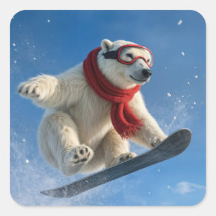 Adesivo Quadrado Urso Polar no Ar em uma Snowboard