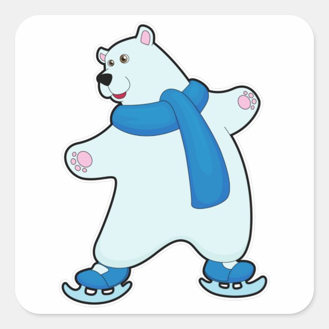Adesivo Quadrado Urso polar patinando no gelo com Scarf (Frente)