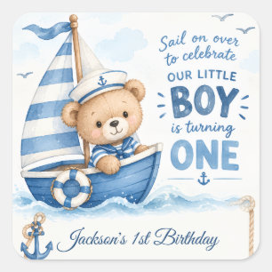 Adesivo Quadrado Urso Teddy Náutico Barco Aniversário de 1 ano