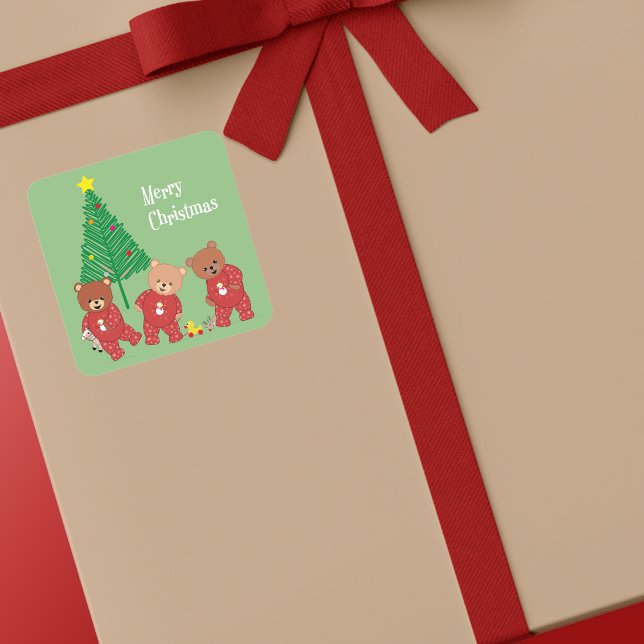 Adesivo Quadrado Ursos modernos de pelúcia com pijama de Natal (3 Toddler Teddies In Baby Gros Sticker)