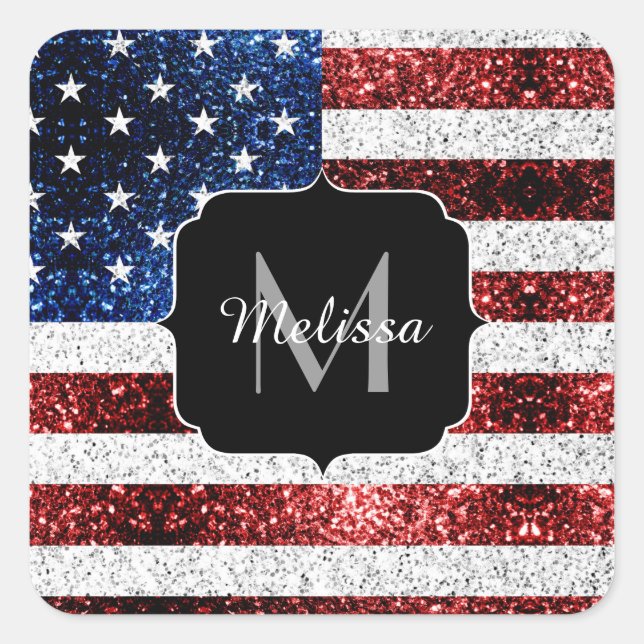 Adesivo Quadrado USA flag red white blue sparkles glitters Monogram (Frente)