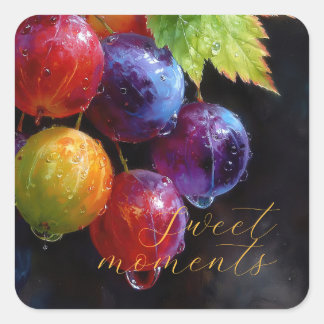 Adesivo Quadrado Uvas Vibrantes em Aquarela e Gotículas de Orvalho