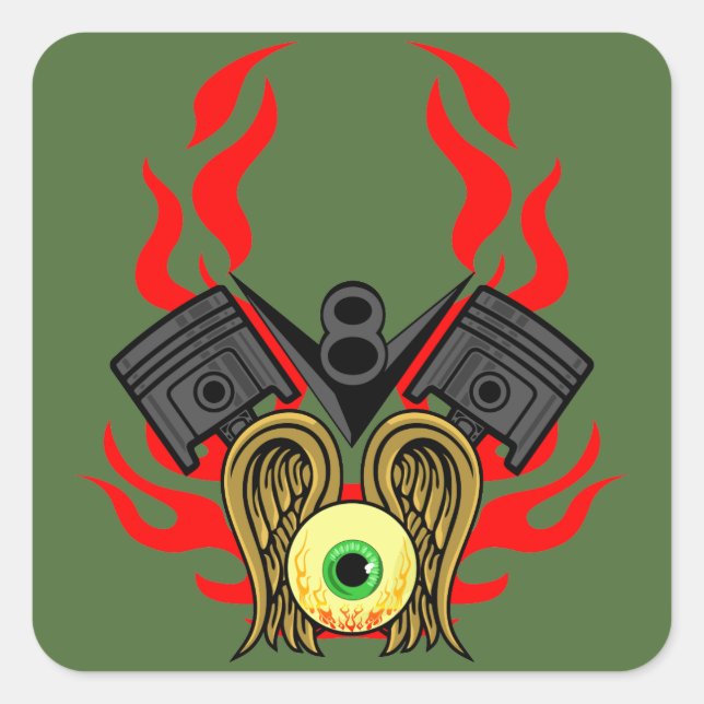 Adesivo Quadrado V8 Cabeças de pistão voando (Frente)