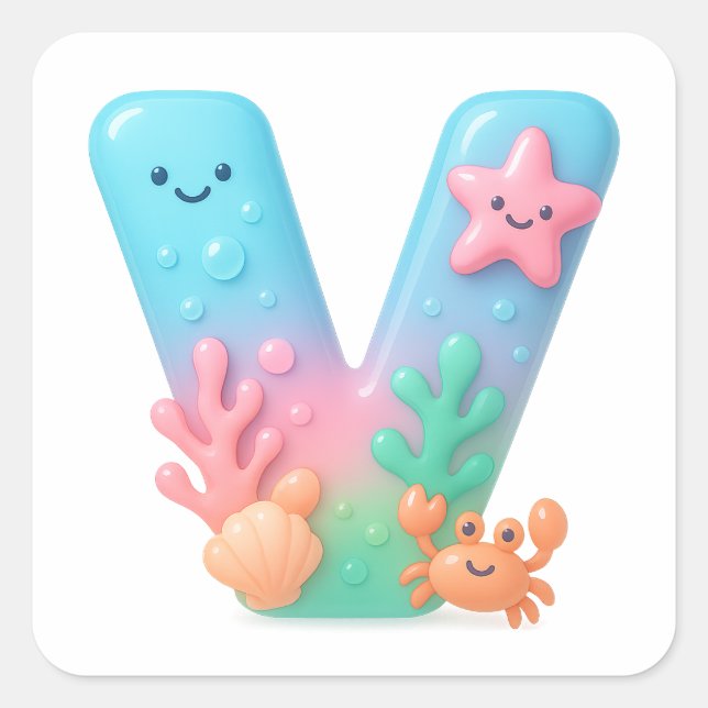 Adesivo Quadrado "V" Cute Letter - Underwater Sea Creature  (Frente)
