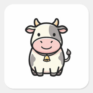 Adesivo Quadrado Vaca Amigável – Ilustração de Animal Fofo Kawaii