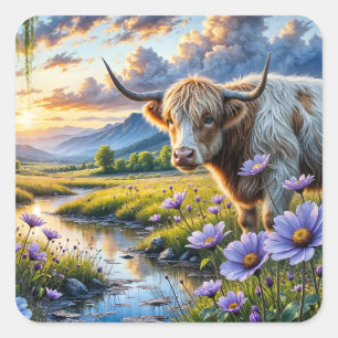 Adesivo Quadrado Vaca cruzada Highland/Longhorn em Paisagem Floral