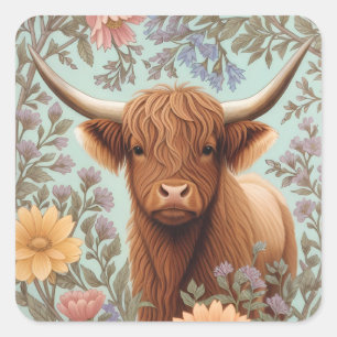 Adesivo Quadrado Vaca das Terras Altas Floral Pastel Inspirada em W