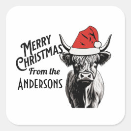 Adesivo Quadrado Vaca das Terras de Natal com Santa Hat
