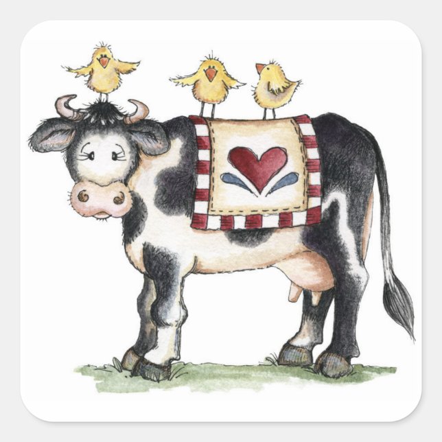 Adesivo Quadrado Vaca e Pintinhos - Autocolantes (Frente)