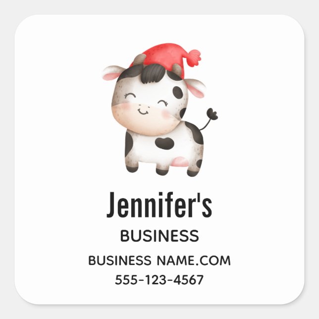 Adesivo Quadrado Vaca feliz em um chapéu vermelho (Frente)