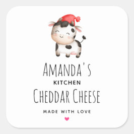 Adesivo Quadrado Vaca feliz em um queijo de chapéu vermelho
