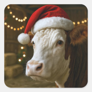 Adesivo Quadrado Vaca Hereford de Natal Vestindo um Chapéu de Papai