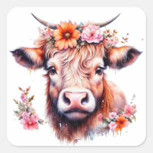 Adesivo Quadrado Vaca Highland com Flores Rosa