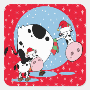 Adesivo Quadrado Vacas De Natal Do País Com Chapéus De Papai Noel
