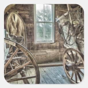 Adesivo Quadrado Vagão coberto, roda de vagão de madeira