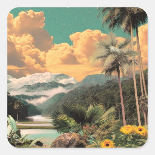 Adesivo Quadrado Vale Tropical Surrealista Com Palmeiras