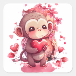 Adesivo Quadrado Valentine do Macaco do Coração Bonitinho