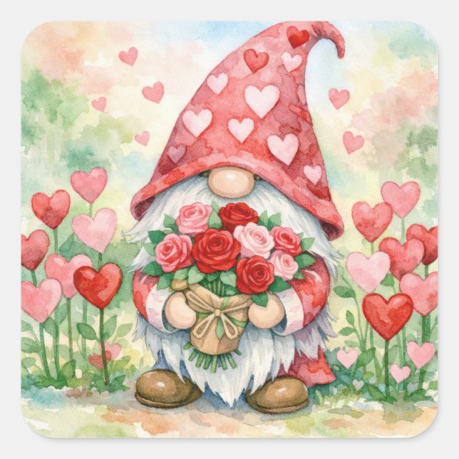 Adesivo Quadrado Valentine Gnome with Red Roses (Frente)