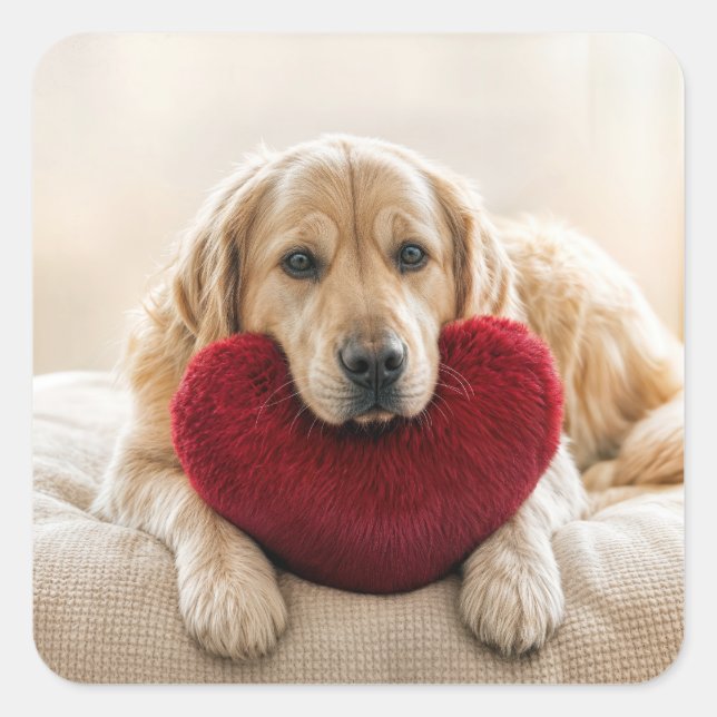 Adesivo Quadrado Valentine Golden Retriever with Heart Pillow (Frente)