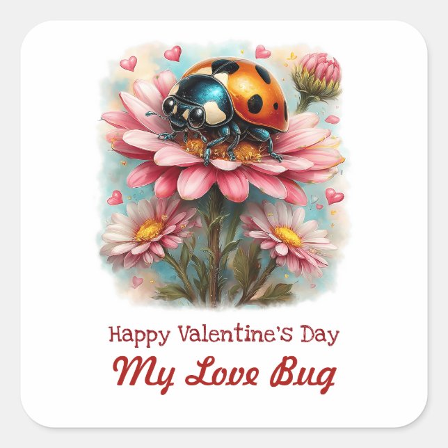 Adesivo Quadrado  Valentine Love Bug on Blossoms Rose (Frente)