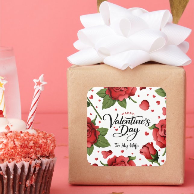 Adesivo Quadrado Valentine`s Day Romantic Red Rose Hearts Floral (Festa)