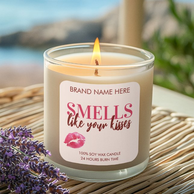 Adesivo Quadrado Valentine's Day Kisses Custom Pink Candle Label (Criador carregado)