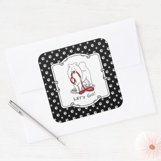 Adesivo Quadrado Vamos! Samoyed w Red Leash Funny (Envelope)