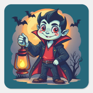 Adesivo Quadrado Vampiro Fofo com Lanterna Kawaii Halloween