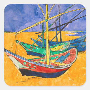 Adesivo Quadrado Van Gogh Boats Impressionism Beach