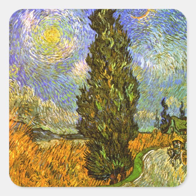 Adesivo Quadrado Van Gogh: Estrada com Cypress e Star (Frente)