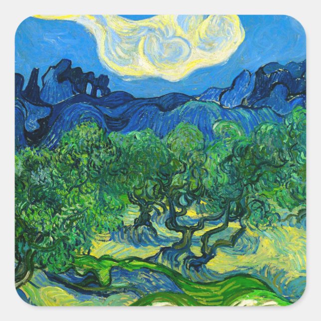 Adesivo Quadrado Van Gogh Olive Trees em Paisagem Montanhosa (Frente)