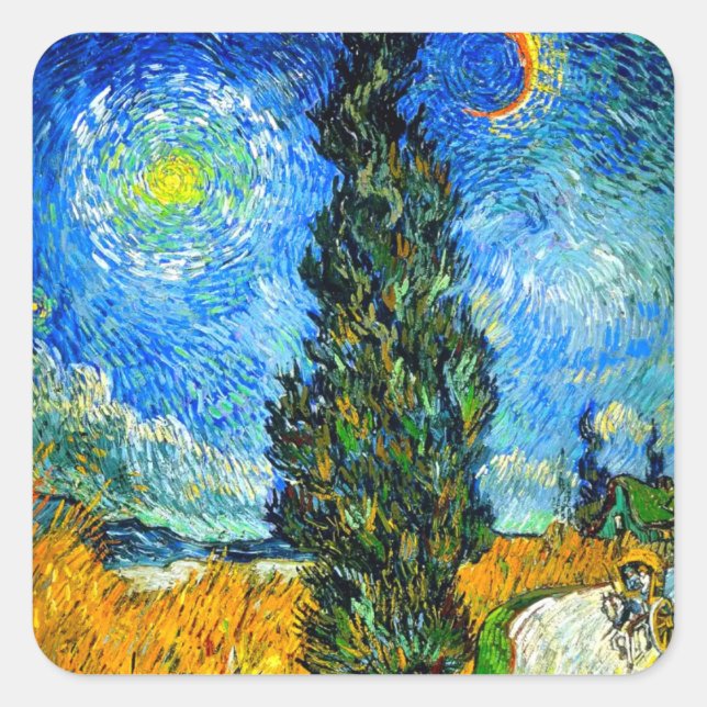 Adesivo Quadrado Van Gogh Road com Cypress e Star (Frente)