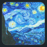 Adesivo Quadrado Van Gogh Starry Night<br><div class="desc">Vinhetas com a pintura a óleo de Vincent van Gogh na Noite Estrelada (1889). Inspirada pela sua estadia num asilo,  a arte representa uma aldeia debaixo de um céu noturno de lua azul e amarela e estrelas. Um presente de excelente para fãs do Poste-impressionismo e da arte holandesa.</div>