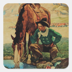 Adesivo Quadrado Vaqueiro Regando seu Cavalo por NC Wyeth