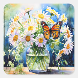 Adesivo Quadrado Vase de Daisies Bonito Floral