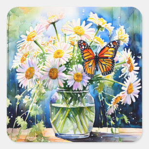 Adesivo Quadrado Vase de Daisies Bonito Floral
