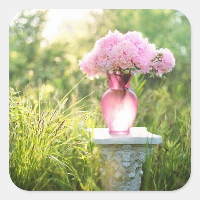 Adesivo Quadrado Vaso bonito de Vidro das Flores Rosa (Frente)