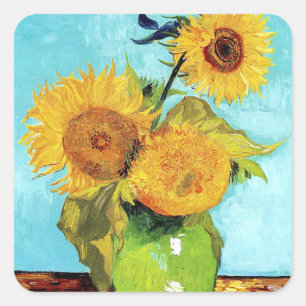 Adesivo Quadrado Vaso com Três Girassóis papel de arte de Van Gogh