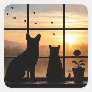 Adesivo Quadrado Vaso de Flores de Gato e Cachorro Fofo na Janela